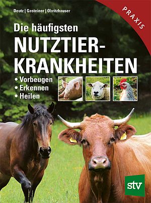 Book cover for a veterinary guide: 'Die häufigsten Nutztiertkrankheiten' with cows in a pasture, three small animal photos, Praxis banner.