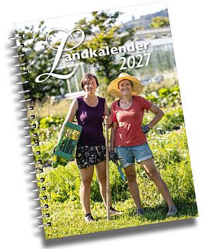 Two gardeners stand in a sunny garden with baskets and a hoe, on a spiral calendar cover reading 'Landkalender 2027' (Danish/Norwegian style).