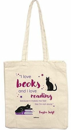 Beige tote bag with a printed design: a quote about loving books and reading, plus a black cat and a stack of books.