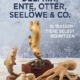 Book cover for Delphin, Ente, Otter, Seelöwe & Co. by Peter Benson; wooden sea-animal carvings on a block, blue textured background, STV logo.