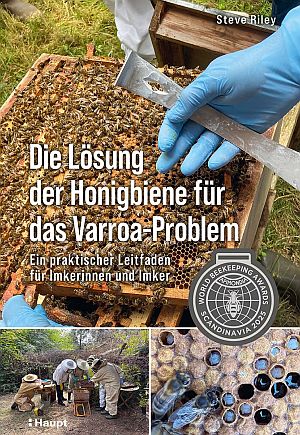Beekeeping guide cover showing gloved hands handling a hive frame with bees; title discusses solving the Varroa mite problem, with a circular seal and inset images.