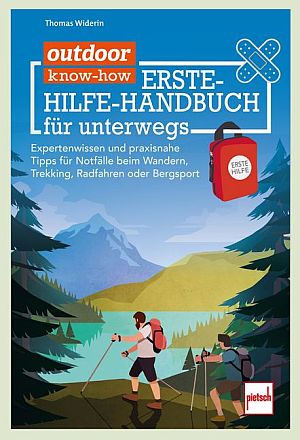 Book cover for 'Outdoor know-how: Erste-Hilfe-Handbuch für unterwegs' by Thomas Widerin, showing two hikers on a mountain trail with a red first-aid backpack and bold blue sky.