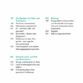 Table of contents page with numbered German topics and teal section headings in two columns.