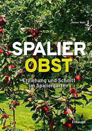 Book cover for 'Spalier Obst' showing espalier apple trees with red fruit; subtitle reads 'Erziehung und Schnitt im Spaliergarten' by Reiner Wahl.