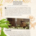Decorative Kräuterkunde page with botanical border and a framed scene of a wizard-like figure in a hut at bottom.