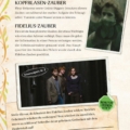 Decorative page about magic tricks with German text; framed blurry portrait on the right and a group photo below, surrounded by orange floral borders.