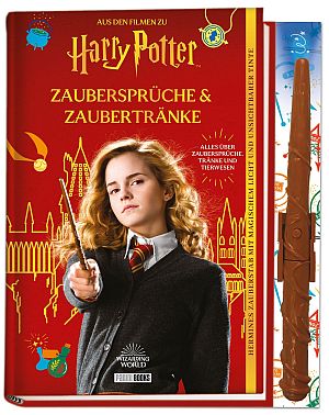 Harry Potter Zaubersprüche & Zaubertränke product box featuring Hermione Granger holding a wand against a red backdrop.