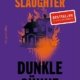 Book cover for Dunkle Sühne by Karin Slaughter, purple background with a burning house silhouette and orange flames; bestseller sticker included.