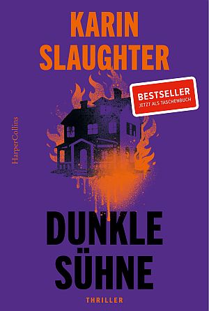 Book cover for Dunkle Sühne by Karin Slaughter, purple background with a burning house silhouette and orange flames; bestseller sticker included.