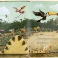 Two-page jungle scene where animals prepare traps with netted cages while birds fly overhead and a large toucan holds a neted pouch in its beak.